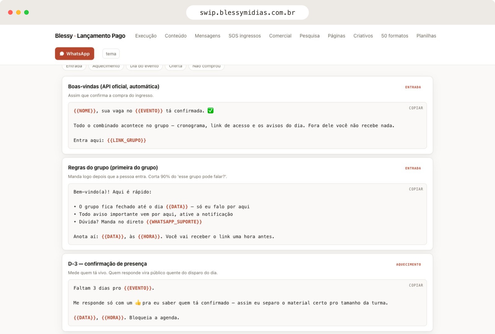 Scripts do grupo de WhatsApp com variáveis e botão de copiar